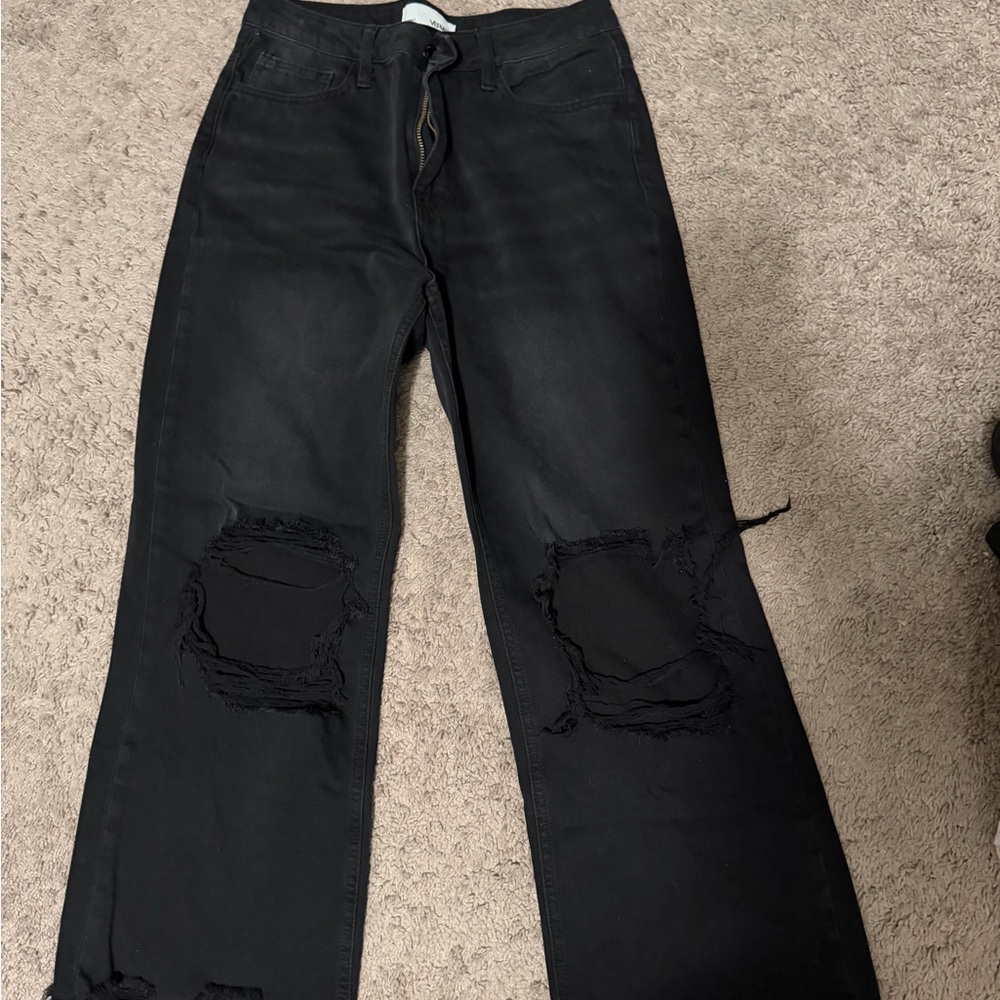 Cropped Flared Black Distressed Jeans for Women